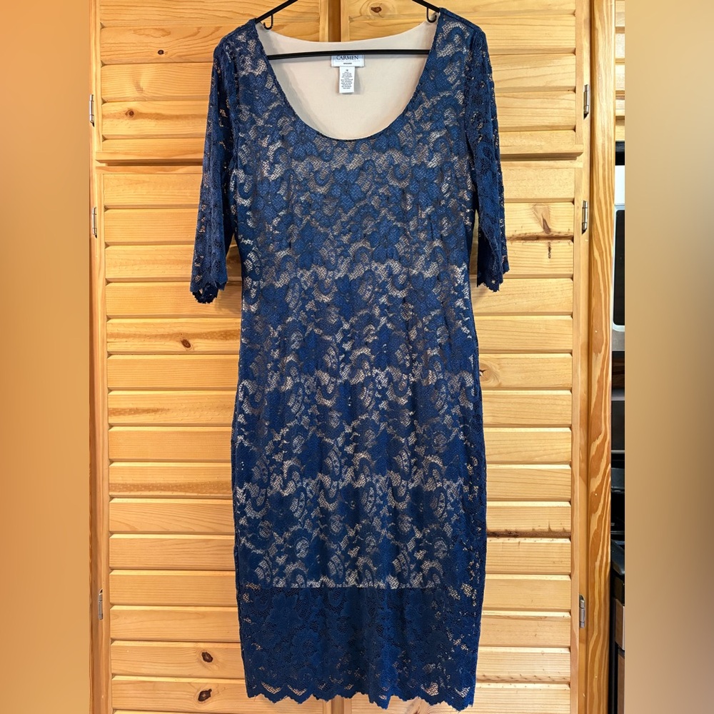 Carmen Marc Valvo Women’s Blue Lace Sheath Midi Dress with 3/4 Sleeves, Size 12